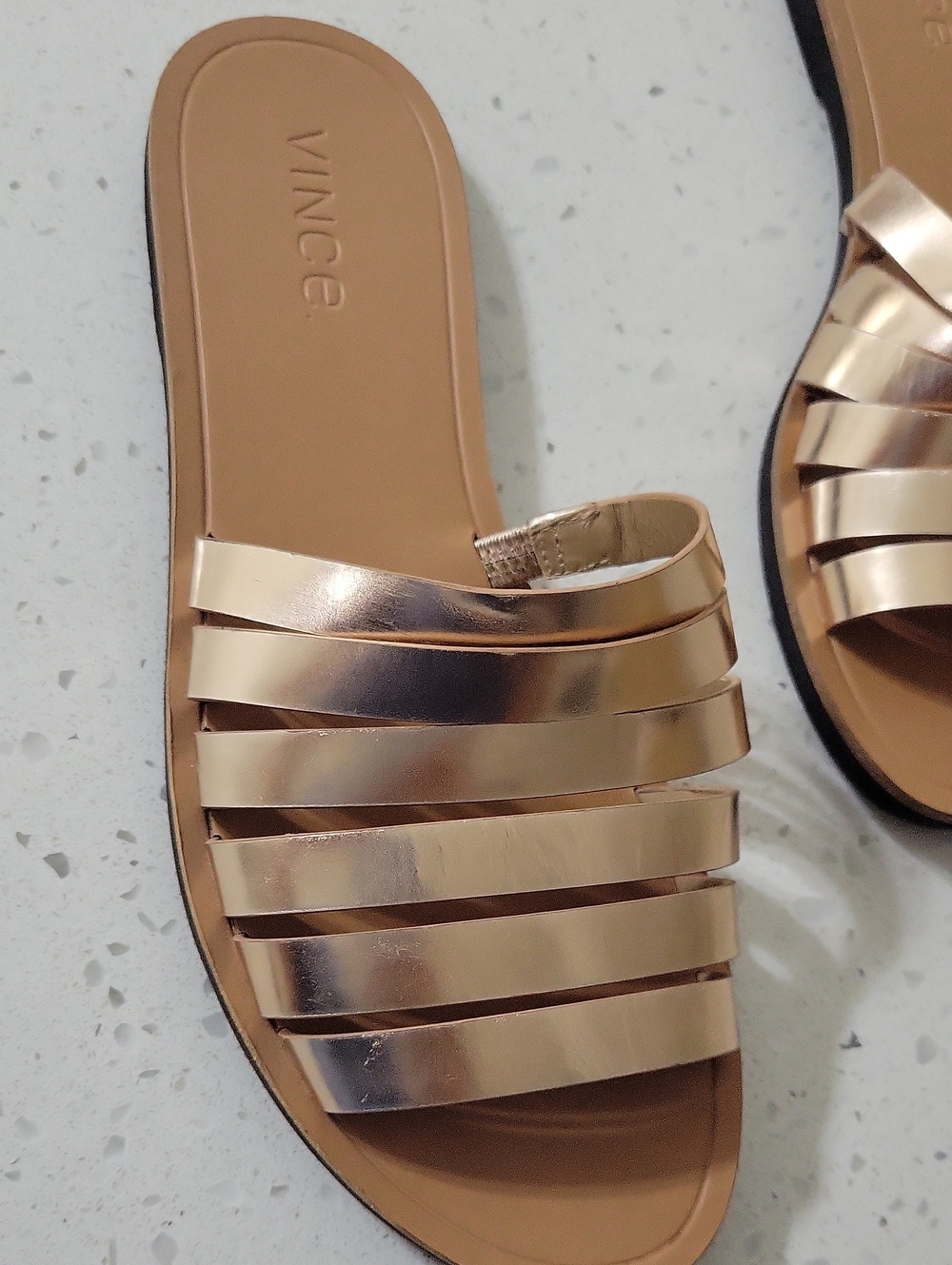 Vince Metallic Rose Gold Multi-Strap Slide Sandal